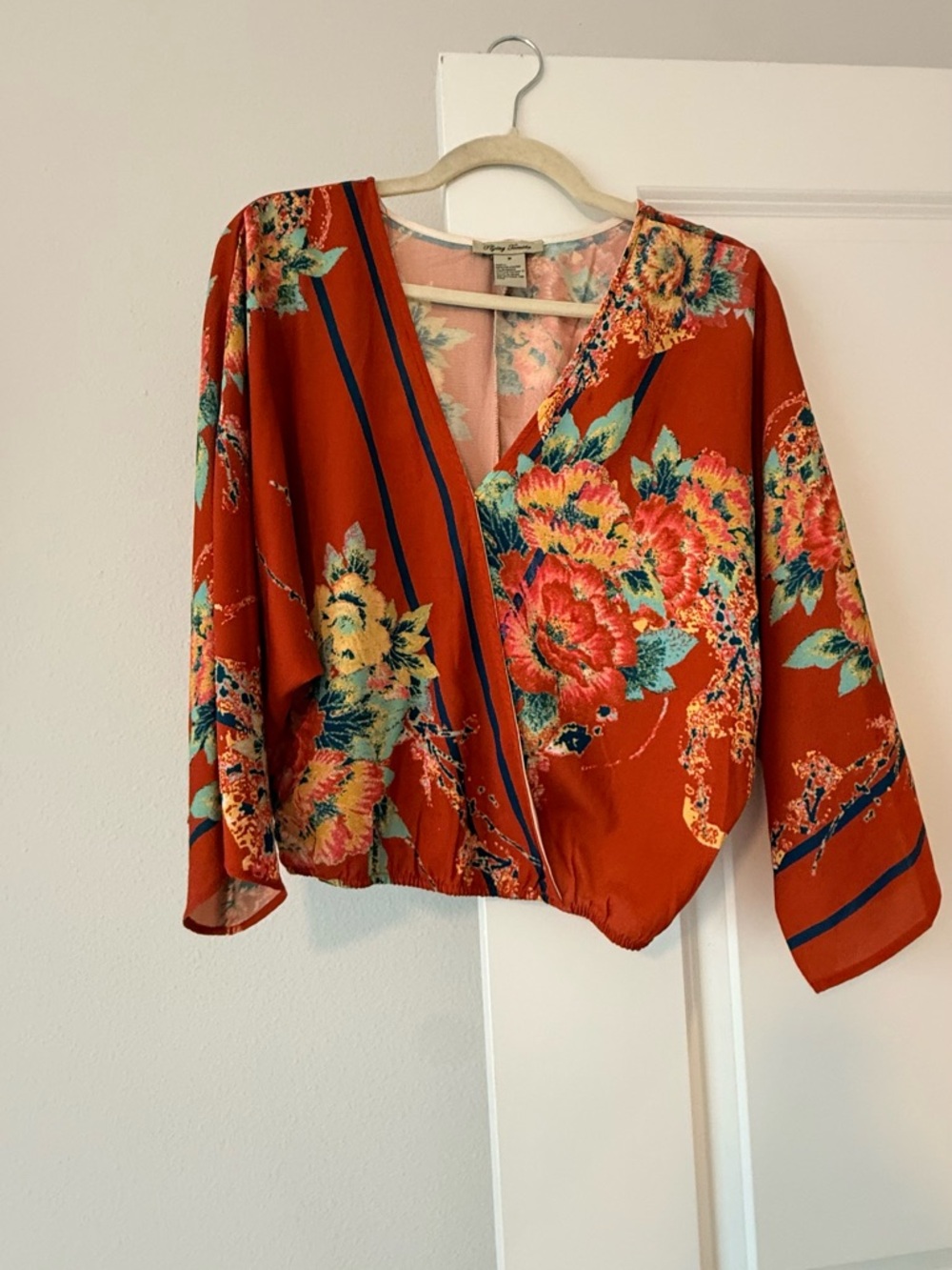 Flying Tomato Rust Floral Wrap Blouse with Teal Accents